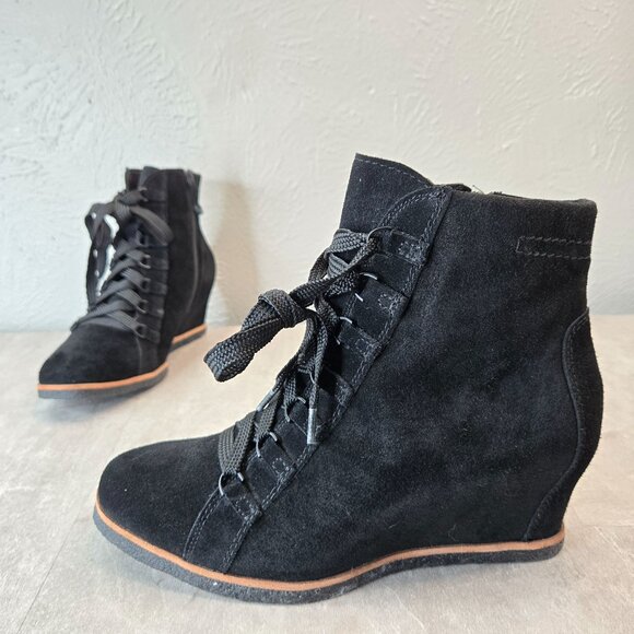 Earth Hidden Wedge Ankle Boots Suede Black Comfort Lace Up Square Booties Size 9 - Picture 1 of 11